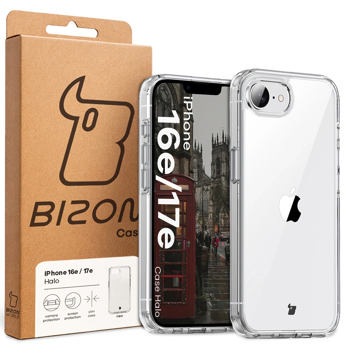 Przód pudełka Bizon Case z dedykowaną etykietą do Apple iPhone 17e/16e
